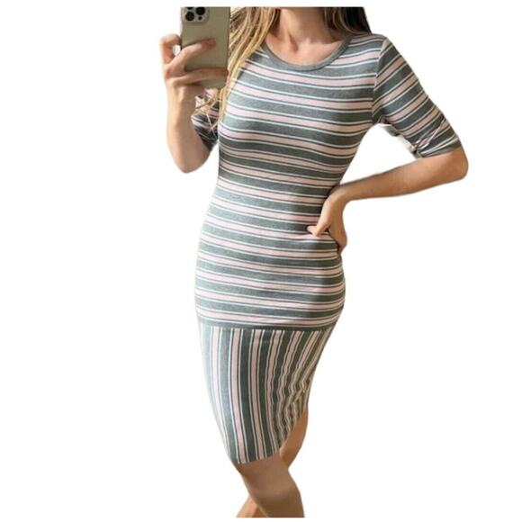 Julia Midi Gray-Stripe Short Sleeve Pullover Stretch Bodycon Dress XXS - Picture 2 of 11